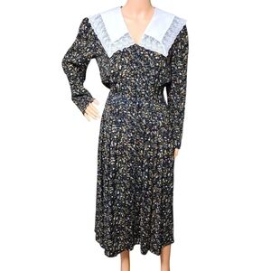 VTG 80s Karin Stevens Floral Midi Dress 8 Lace Collar Pocket Prairie Cottagecore